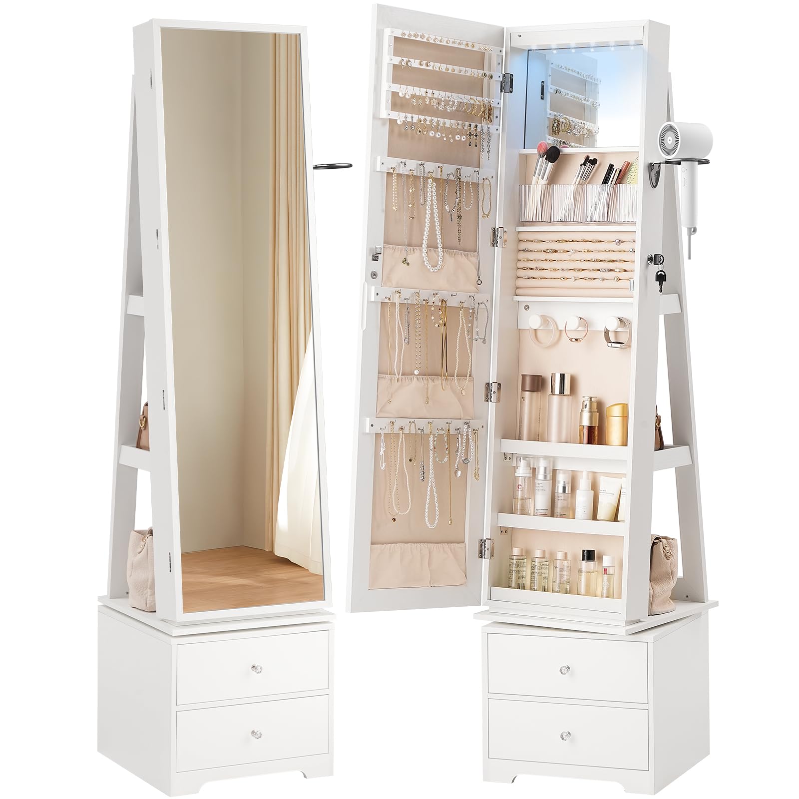 Full Length Mirror Jewelry Armoire - 360 ° Meuble à bijoux pivotant