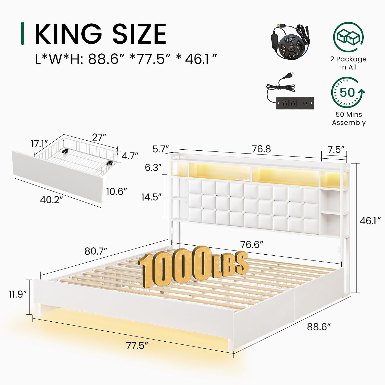 Cadre de lit en bois de taille - King Size Bed Frame With Storage Drawers avis et prix
