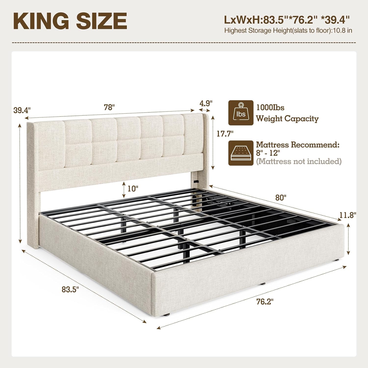 Cadre de lit king-size avec ra - Gas Lift Storage Bed Hydraulic avis et prix
